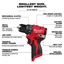 Milwaukee M12 12V Lithium-Ion Subcompact Brushless Cordless 3/8 in. Drill Driver (Tool-Only) 3401-20