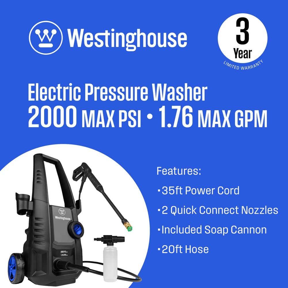 Westinghouse 2000 PSI 1.76 GPM Cold Water Electric Powered Pressure Washer with Anti-Tipping Technology and 2 Quick Connect Tips ePX3030