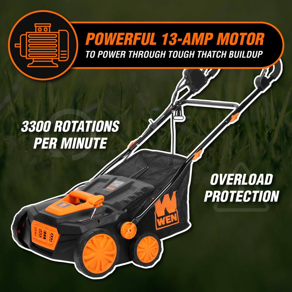 WEN 15 in. 13 Amp 2-in-1 Electric Dethatcher and Scarifier with Collection Bag DT1315
