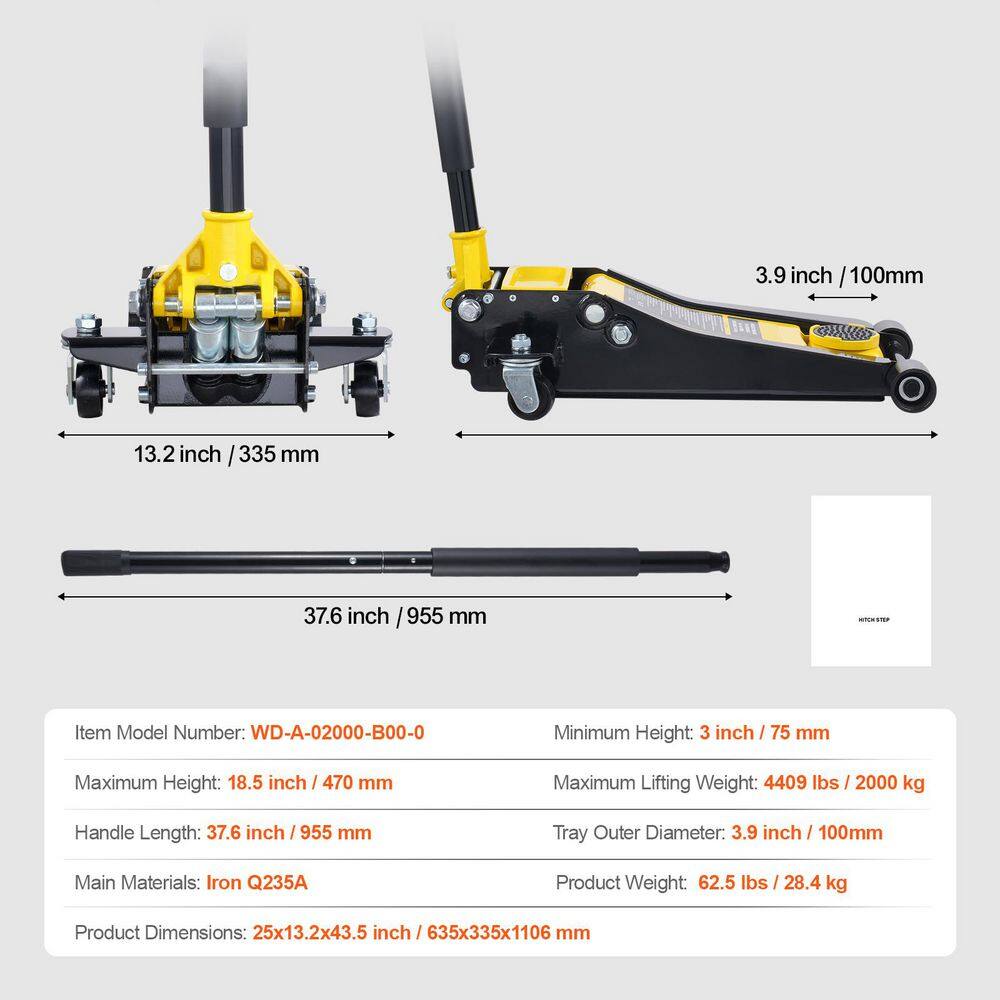 SKYSHALO Low Profile Floor Jack 2 Ton, 4400 lbs. Heavy Duty Iron Hydraulic Racing Floor Jack, Hydraulic Car Jack