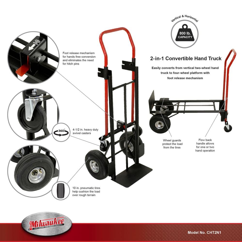 Milwaukee 800 lbs. Capacity 2-in-1 Convertible Hand Truck CHT2N1