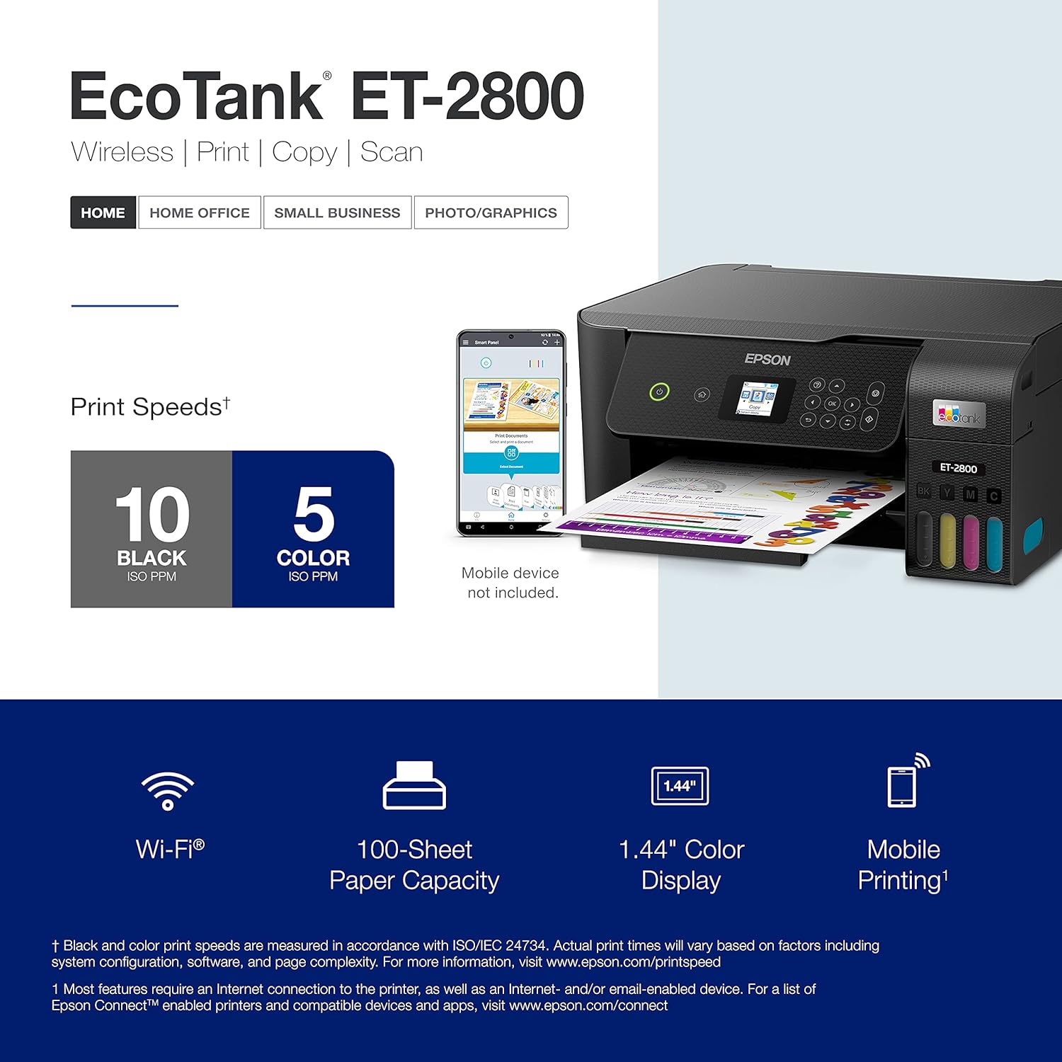 Epson EcoTank ET-2800 Wireless Color All-in-One Cartridge-Free Supertank Printer with Scan and Copy - Black, Medium