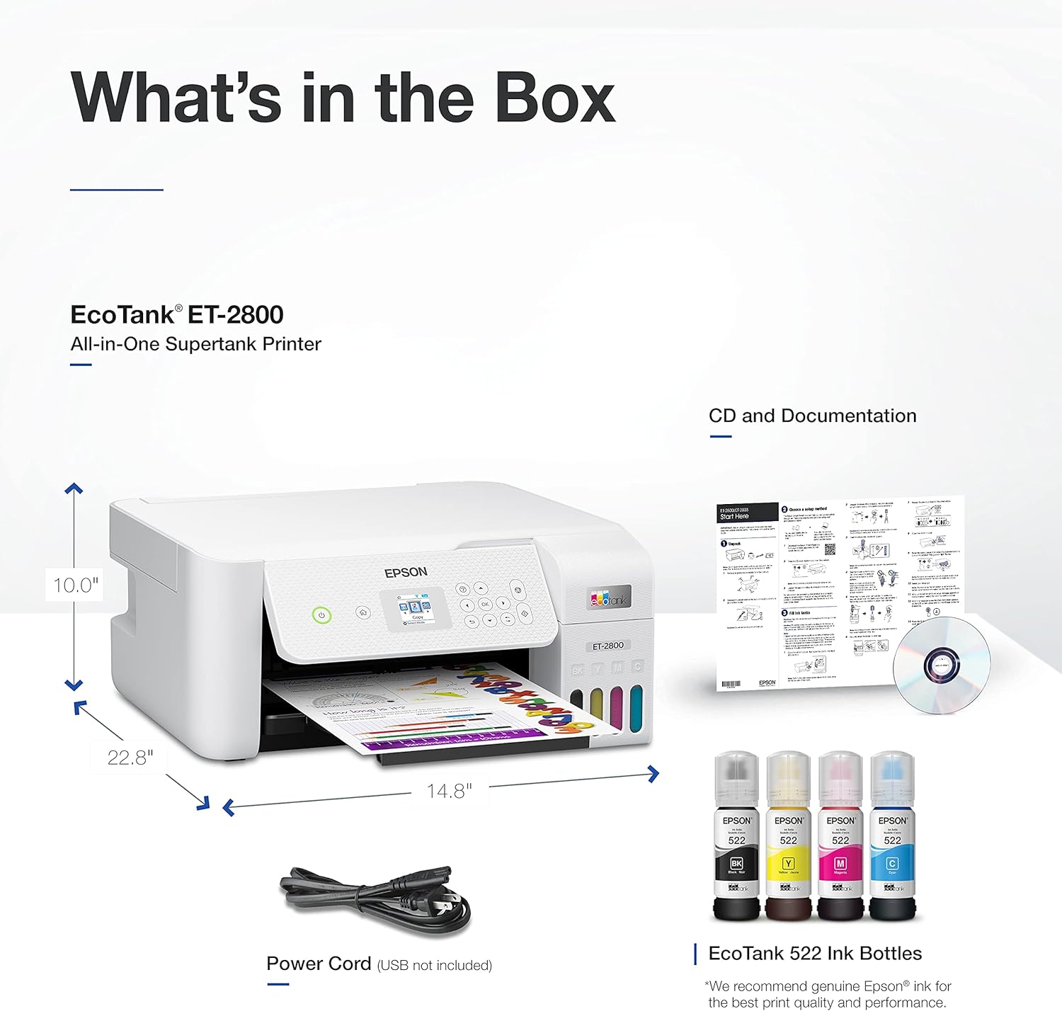 Epson EcoTank ET-2800 Wireless Color All-in-One Cartridge-Free Supertank Printer with Scan and Copy - White, Medium