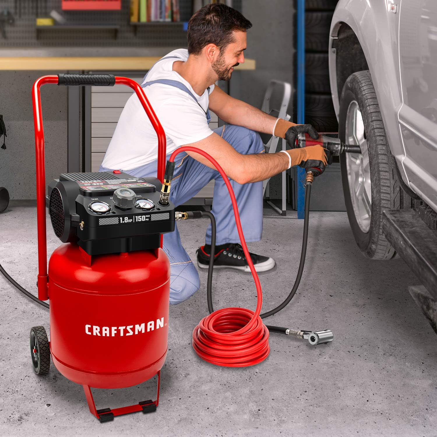 Craftsman Air Compressor, 10 Gallon Peak 1.8 Horsepower Oil-free Compressor, Max 150 PSI, Vertical Compressor Air Tools, Model: CMXECXA0331042
