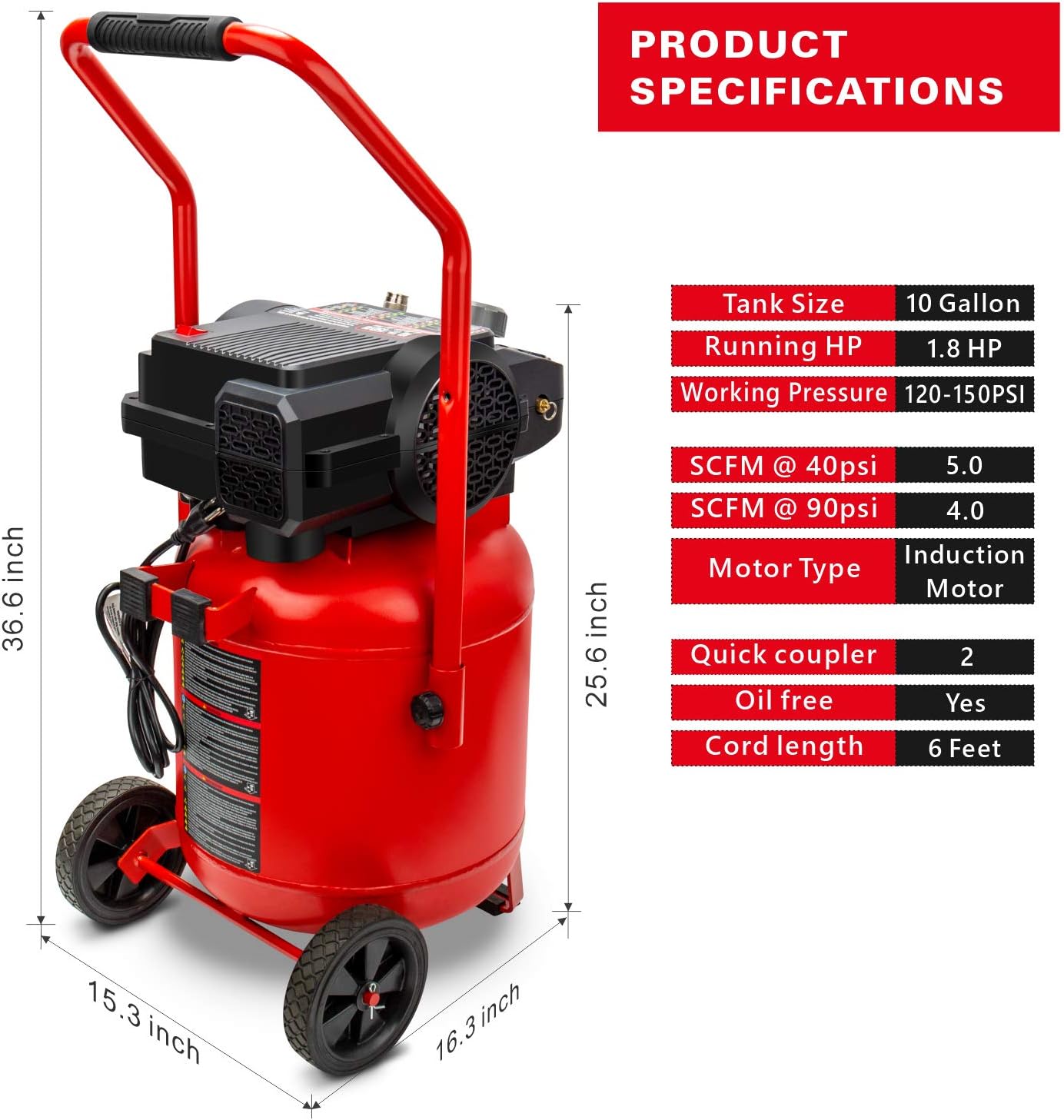 Craftsman Air Compressor, 10 Gallon Peak 1.8 Horsepower Oil-free Compressor, Max 150 PSI, Vertical Compressor Air Tools, Model: CMXECXA0331042