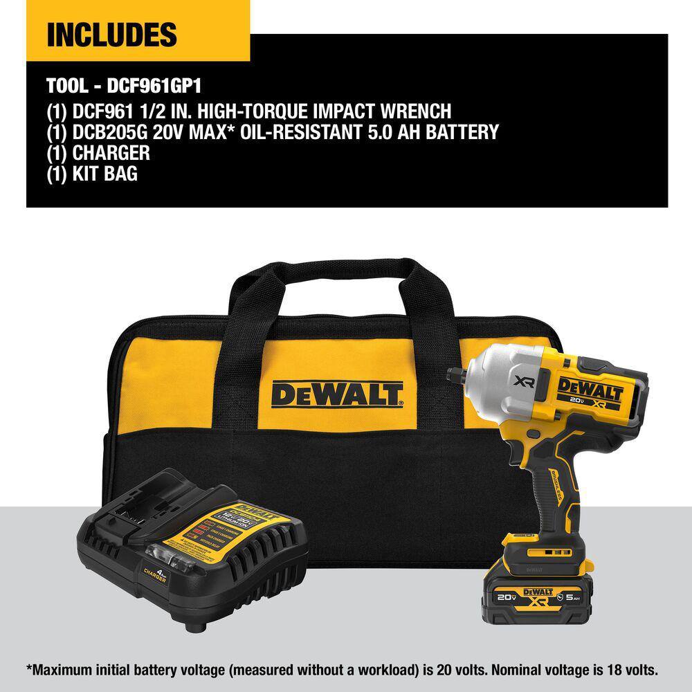 DEWALT 20V MAX Lithium-Ion Brushless Cordless 1/2 in. High Torque Impact Wrench Kit with Oil-Resistant 5Ah Battery and Charger DCF961GP1