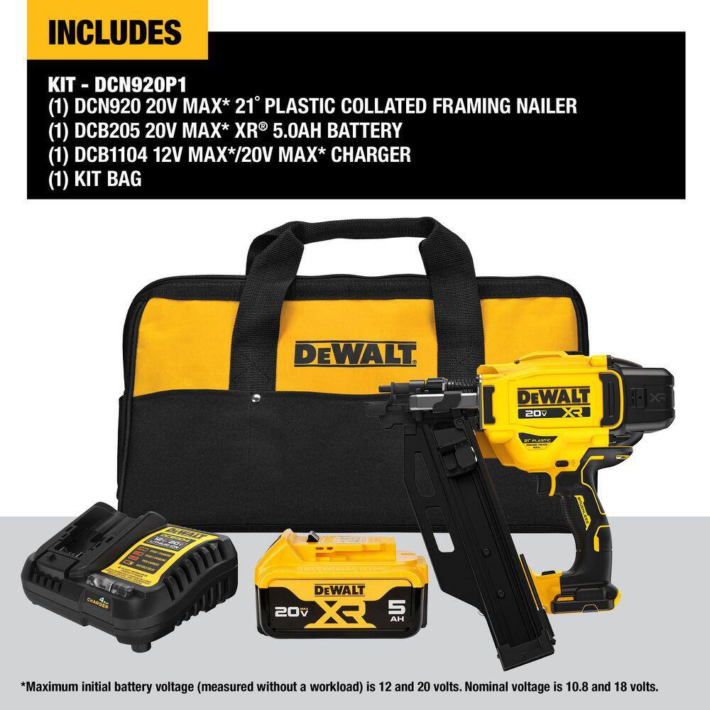 DEWALT 20-Volt 21° Cordless Framing Nailer Kit with 5.0 Ah Lithium-Ion Battery and Charger DCN920P1