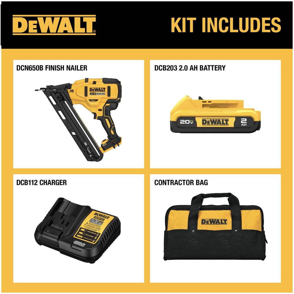 DEWALT 20V MAX XR Lithium-Ion Cordless 2-1/2 in. 15-Gauge Finish Nailer Kit with 2.0Ah Battery, Charger and Contractor Bag DCN650D1