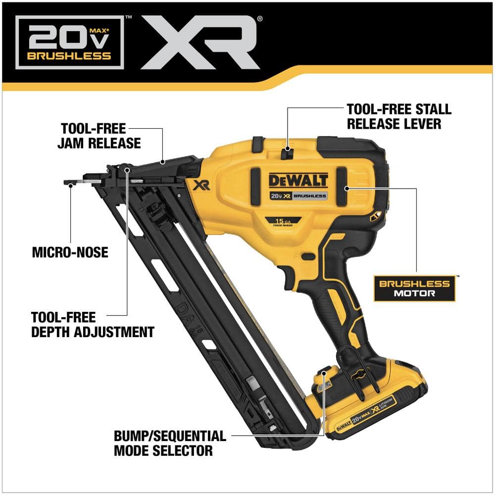 DEWALT 20V MAX XR Lithium-Ion Cordless 2-1/2 in. 15-Gauge Finish Nailer Kit with 2.0Ah Battery, Charger and Contractor Bag DCN650D1