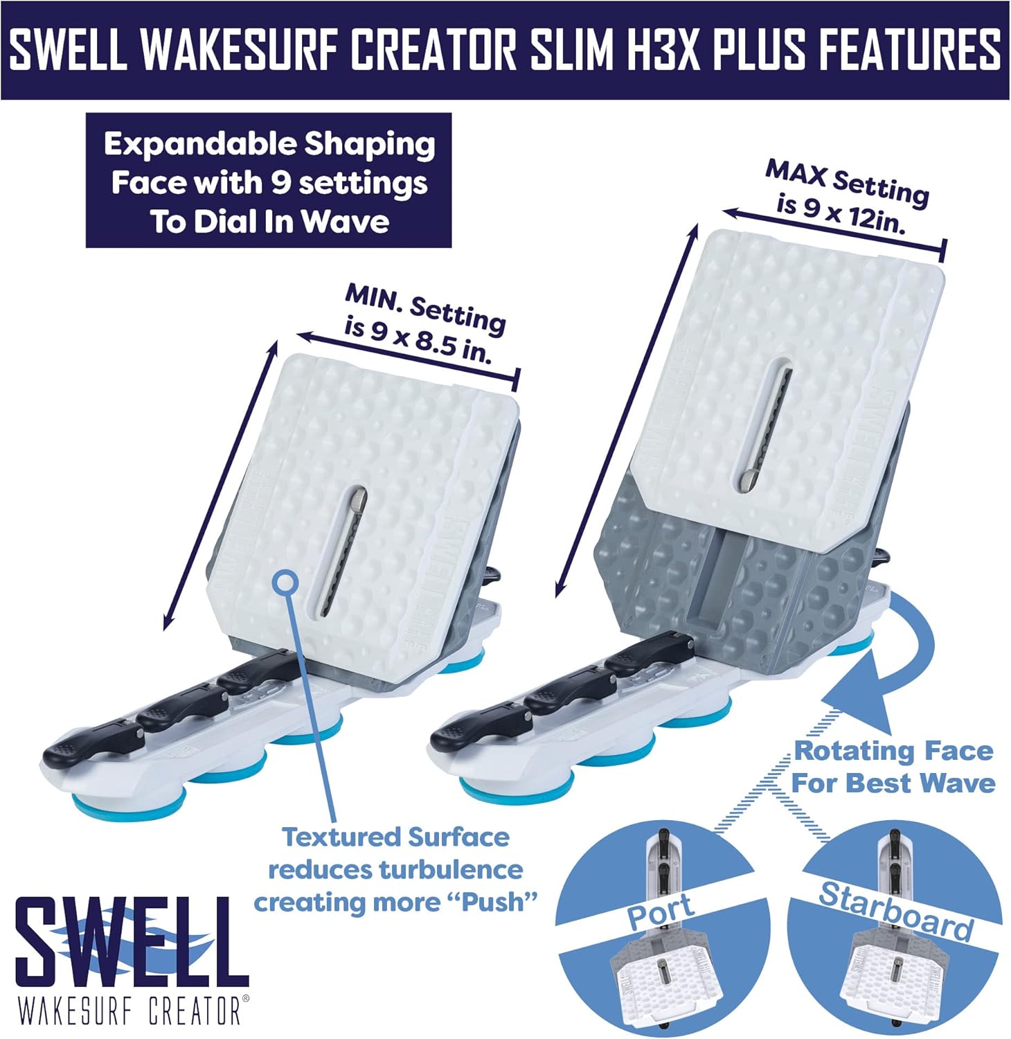 SWELL Wakesurf Creator SLIM H3X Plus - The Best Slim Wake Shaper - Extendable Length, Rotating with Hydrodynamic Texture
