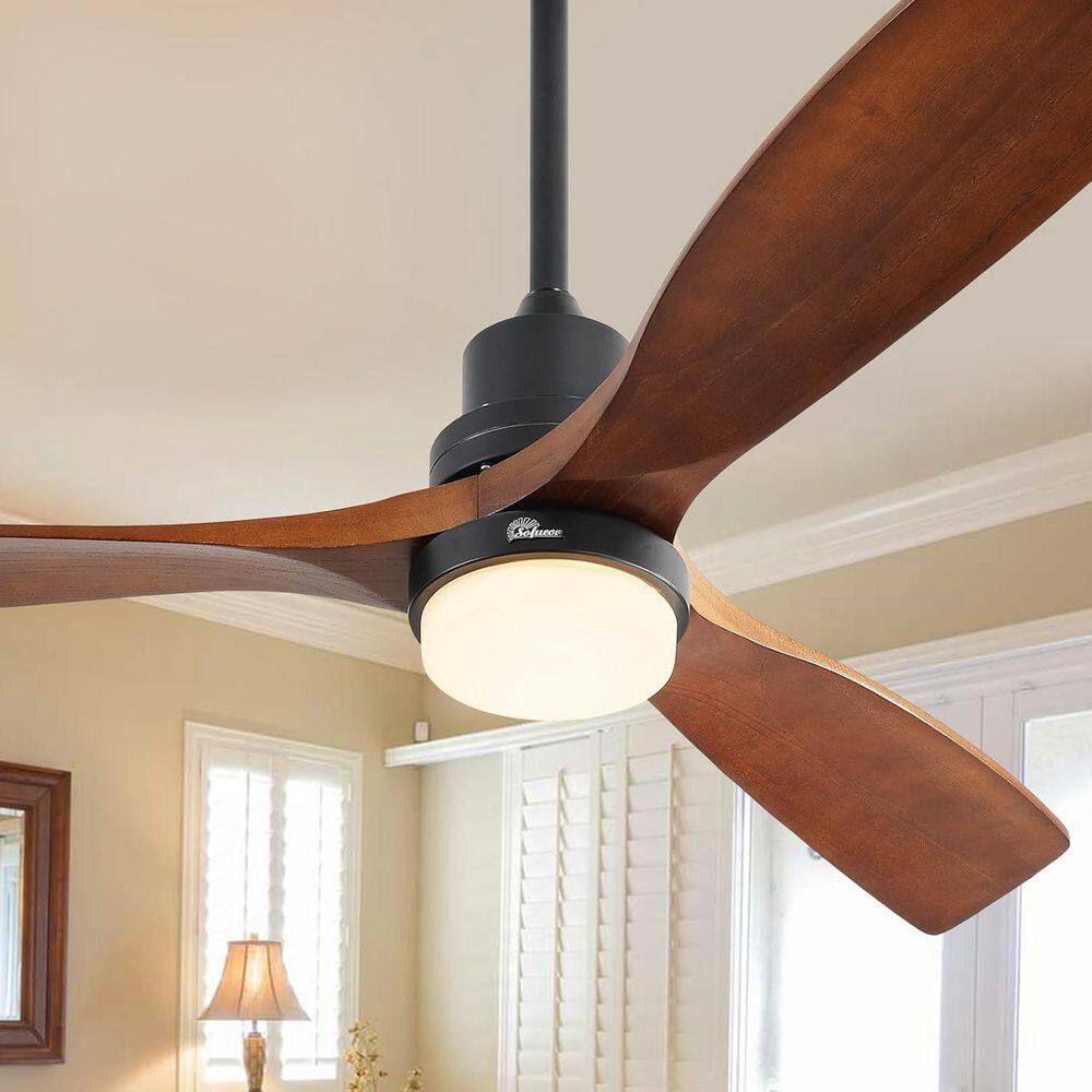 Sofucor 52 in. LED Indoor/Outdoor Dimmable Matte Black Solid Wood Blade Ceiling Fan with 6-Speed Remote ZSKBKN220208002