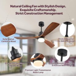 Sofucor 52 in. LED Indoor/Outdoor Dimmable Matte Black Solid Wood Blade Ceiling Fan with 6-Speed Remote ZSKBKN220208002