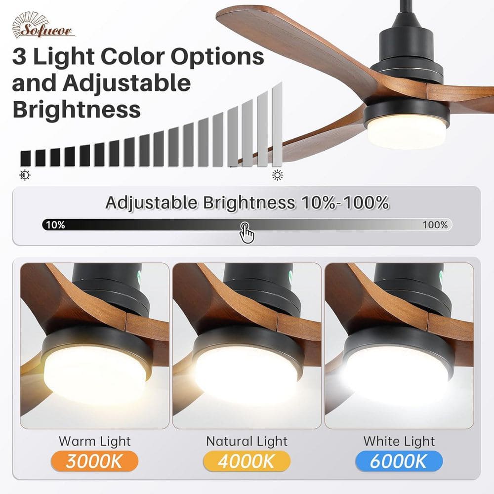Sofucor 52 in. LED Indoor/Outdoor Dimmable Matte Black Solid Wood Blade Ceiling Fan with 6-Speed Remote ZSKBKN220208002