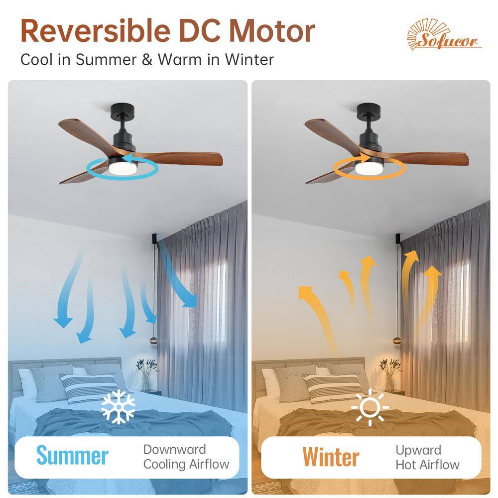 Sofucor 52 in. LED Indoor/Outdoor Dimmable Matte Black Solid Wood Blade Ceiling Fan with 6-Speed Remote ZSKBKN220208002