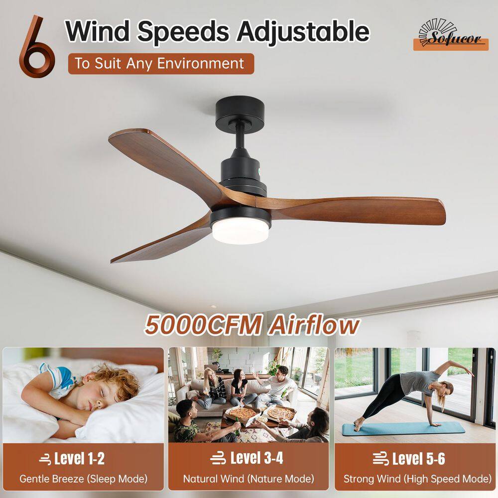 Sofucor 52 in. LED Indoor/Outdoor Dimmable Matte Black Solid Wood Blade Ceiling Fan with 6-Speed Remote ZSKBKN220208002