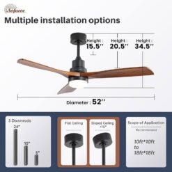 Sofucor 52 in. LED Indoor/Outdoor Dimmable Matte Black Solid Wood Blade Ceiling Fan with 6-Speed Remote ZSKBKN220208002