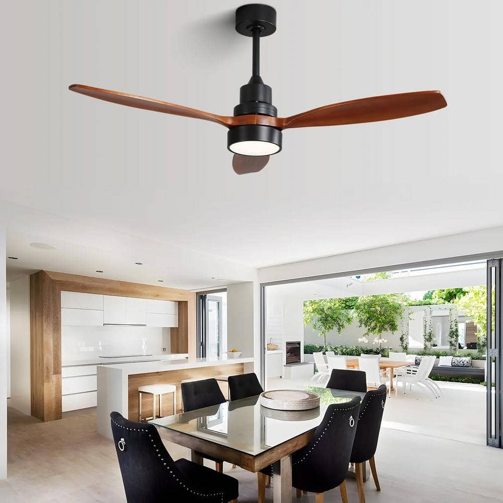 Sofucor 52 in. Indoor/Outdoor Wood Black Ceiling Fan with Light and Remote Control HT-52K076-BK
