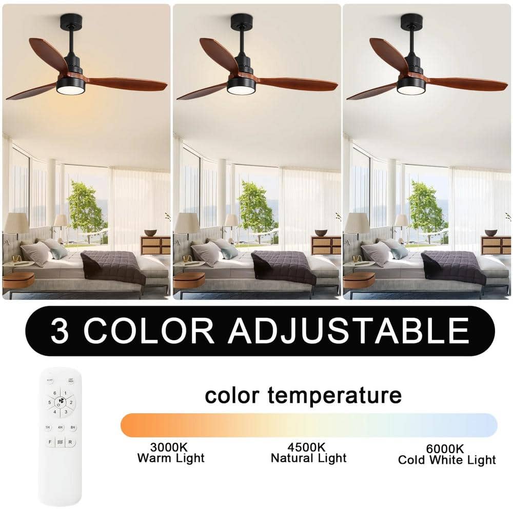 Sofucor 52 in. Indoor/Outdoor Wood Black Ceiling Fan with Light and Remote Control HT-52K076-BK