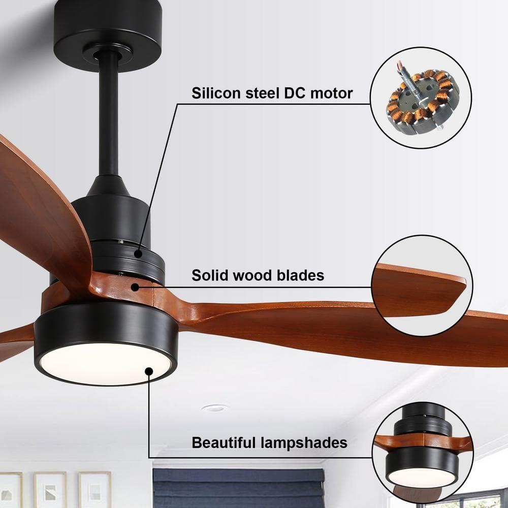 Sofucor 52 in. Indoor/Outdoor Wood Black Ceiling Fan with Light and Remote Control HT-52K076-BK