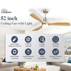 Sofucor 52 in. LED Indoor/Outdoor Dimmable Brushed Nickel Solid Wood Blade Ceiling Fan with 6-Speed Remote Control KYL5247BKHM