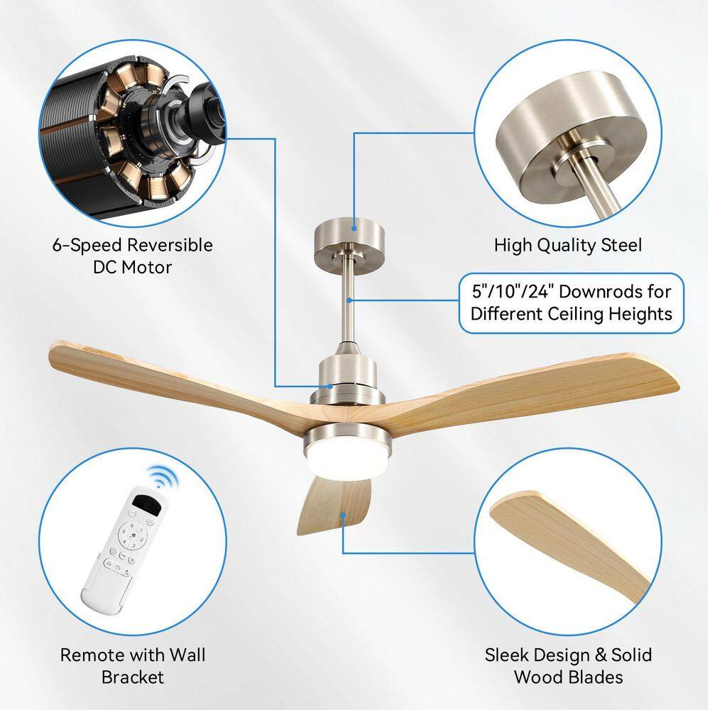 Sofucor 52 in. LED Indoor/Outdoor Dimmable Brushed Nickel Solid Wood Blade Ceiling Fan with 6-Speed Remote Control KYL5247BKHM