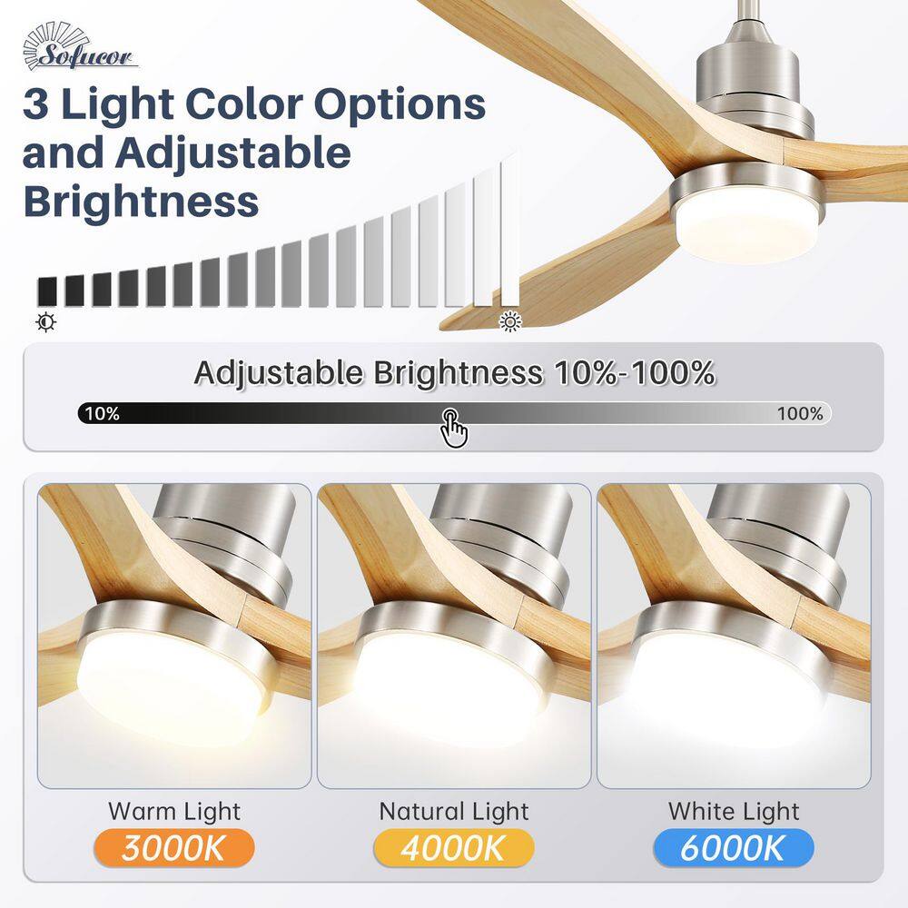 Sofucor 52 in. LED Indoor/Outdoor Dimmable Brushed Nickel Solid Wood Blade Ceiling Fan with 6-Speed Remote Control KYL5247BKHM