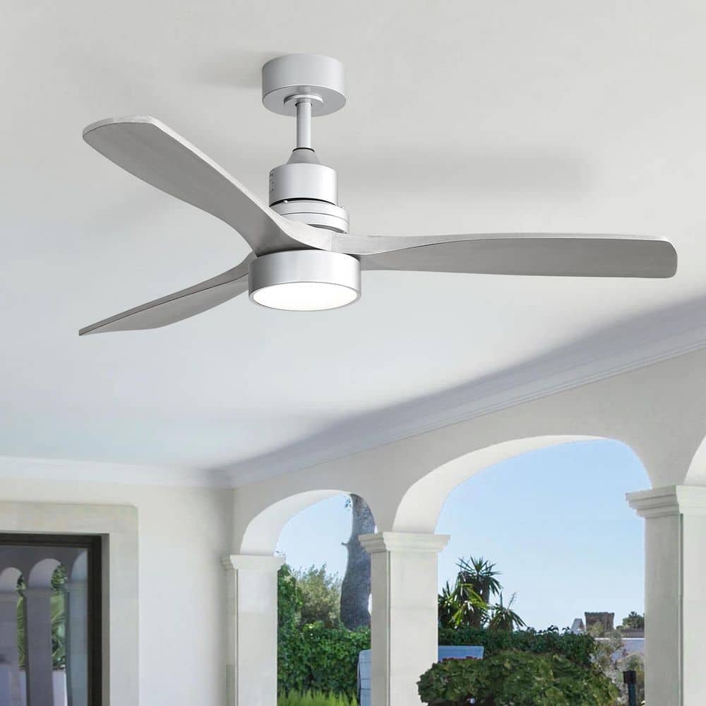 Sofucor 52 in. LED Indoor/Outdoor Dimmable Silver Solid Wood Blade Ceiling Fan with 6-Speed Remote ZSKBKN220208004