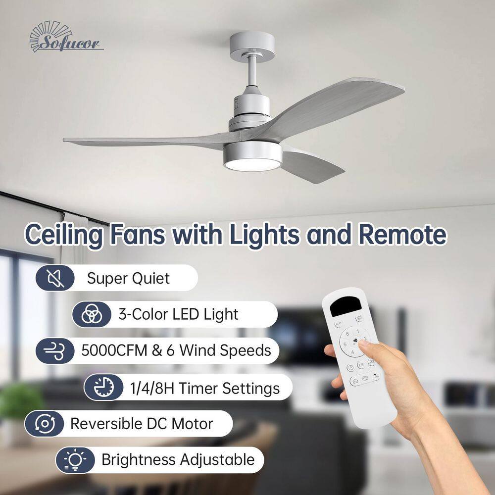 Sofucor 52 in. LED Indoor/Outdoor Dimmable Silver Solid Wood Blade Ceiling Fan with 6-Speed Remote ZSKBKN220208004