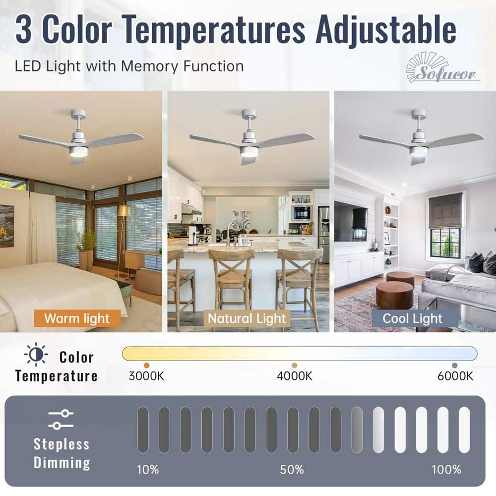 Sofucor 52 in. LED Indoor/Outdoor Dimmable Silver Solid Wood Blade Ceiling Fan with 6-Speed Remote ZSKBKN220208004