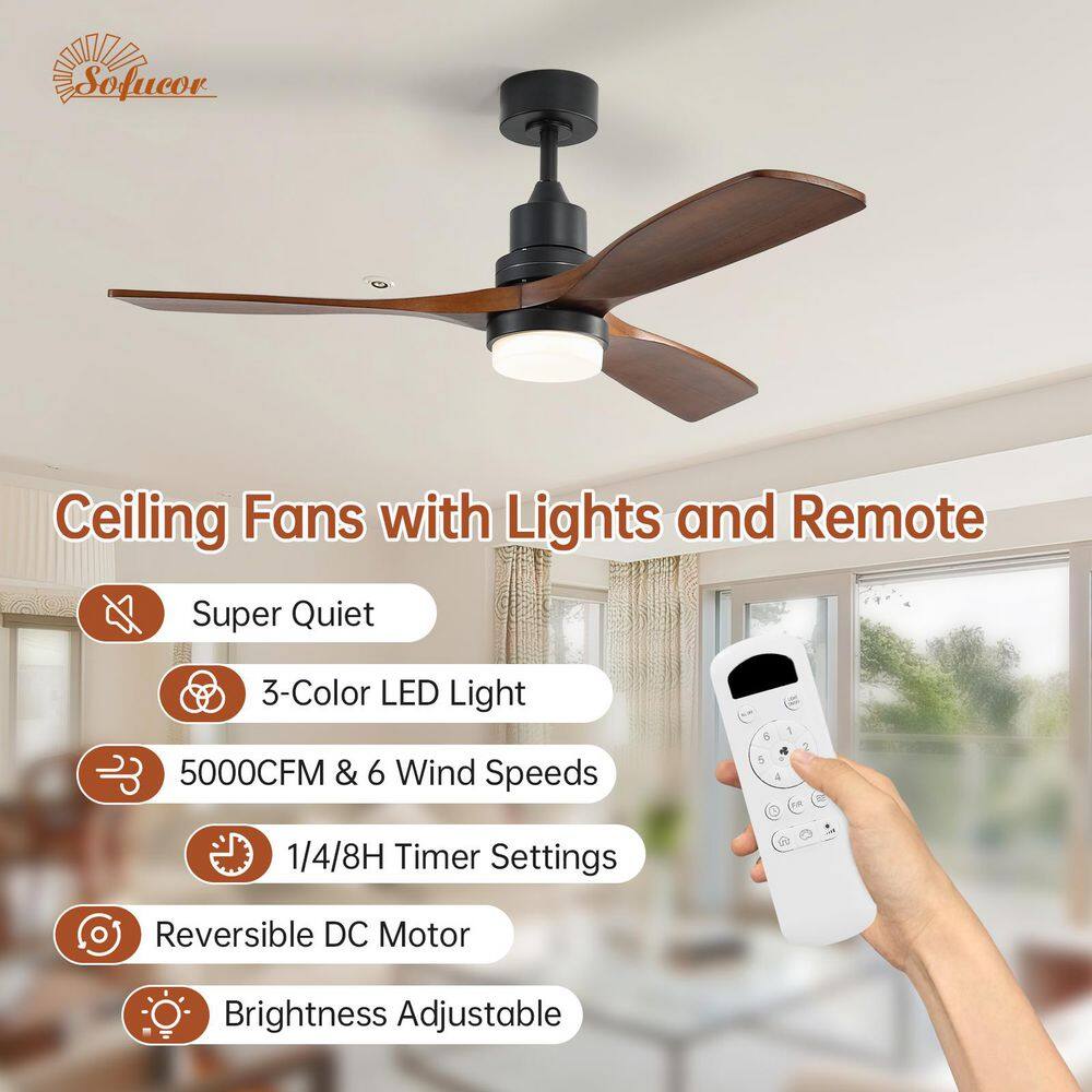Sofucor 52 in. Integrated LED Indoor/Outdoor Black Ceiling Fan with Light Kit and Remote Control KYL5247BKHTM