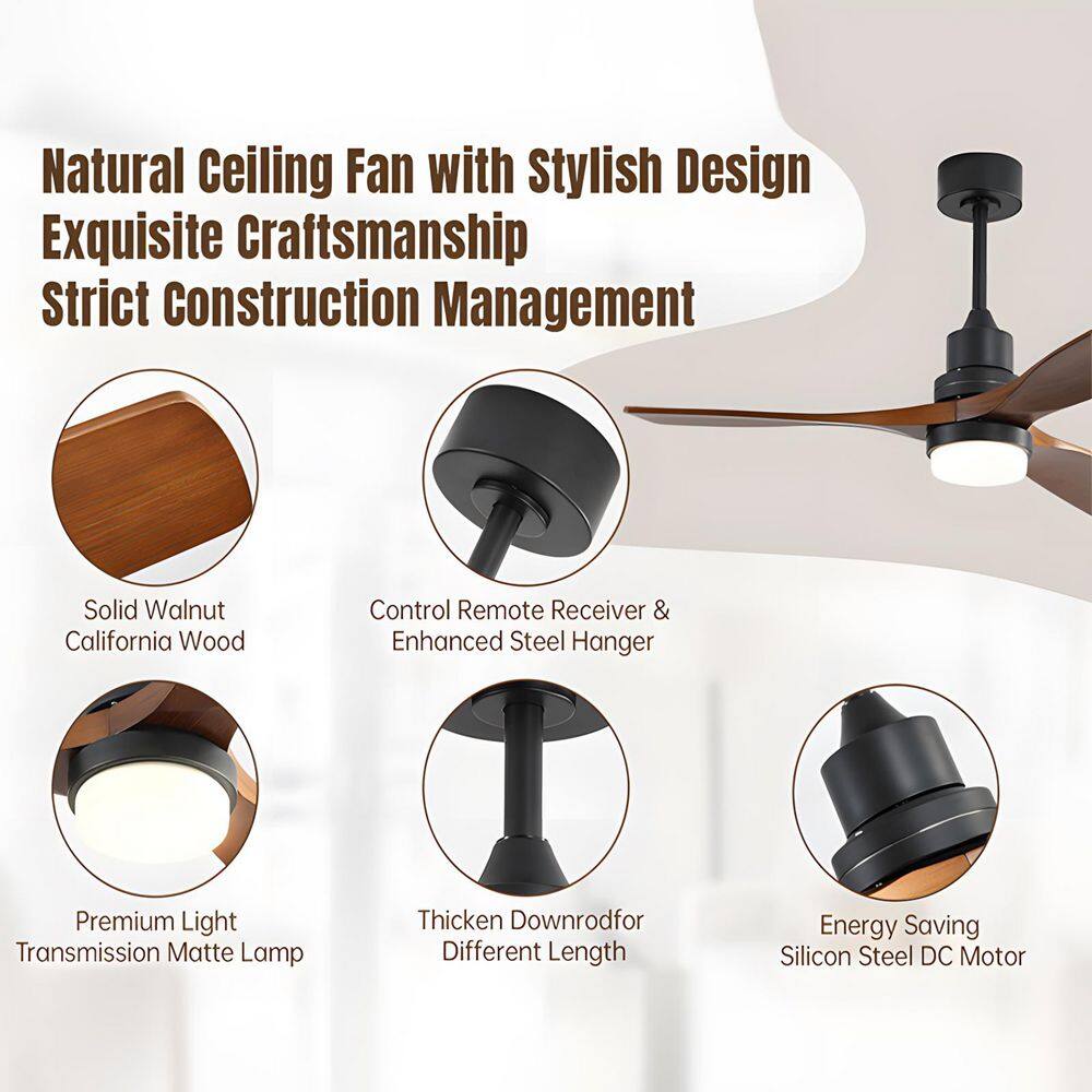 Sofucor 52 in. Integrated LED Indoor/Outdoor Black Ceiling Fan with Light Kit and Remote Control KYL5247BKHTM