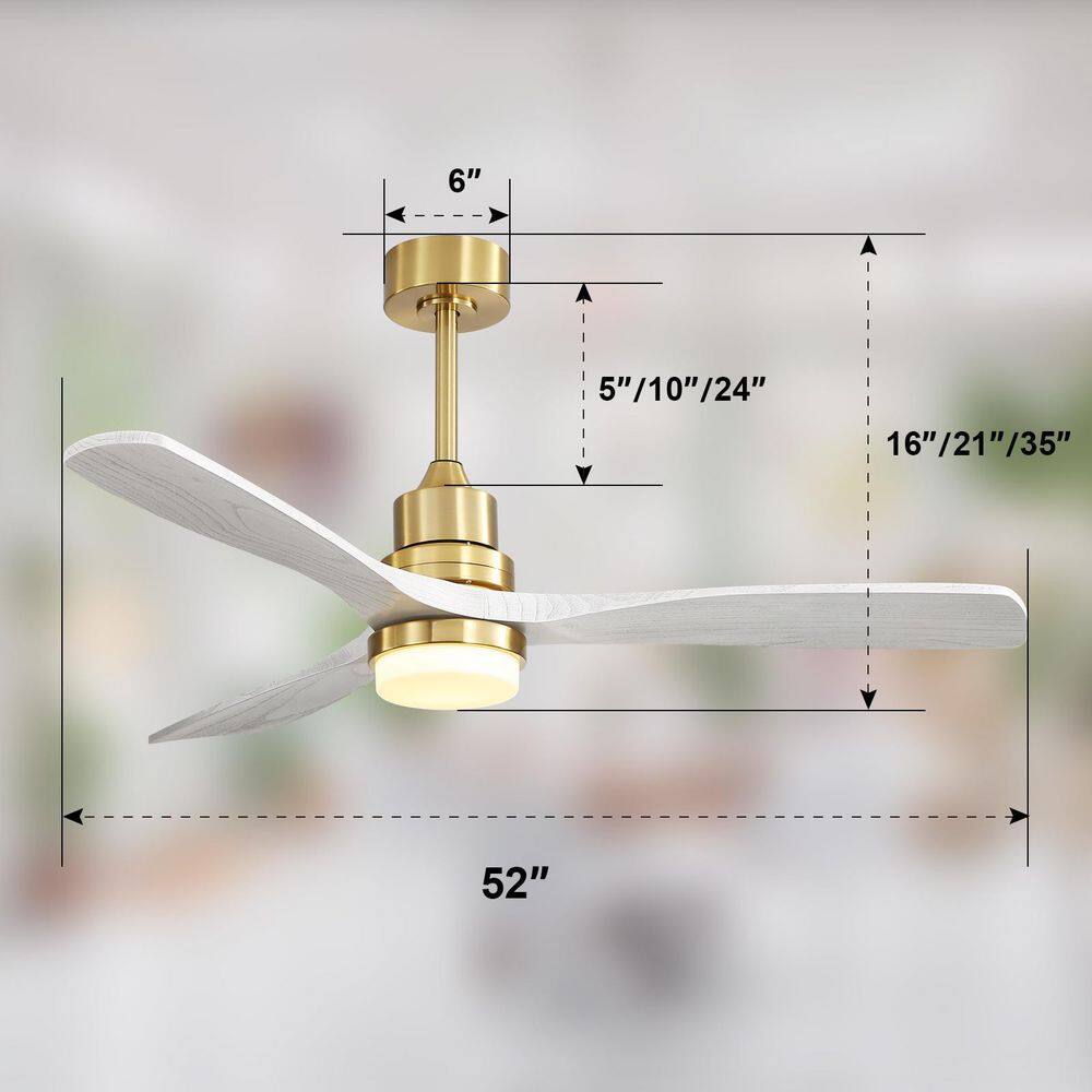 Sofucor 52 in. Integrated LED Indoor/Outdoor Gold Ceiling Fan with Light Kit and Remote Control KYL5247BGSX