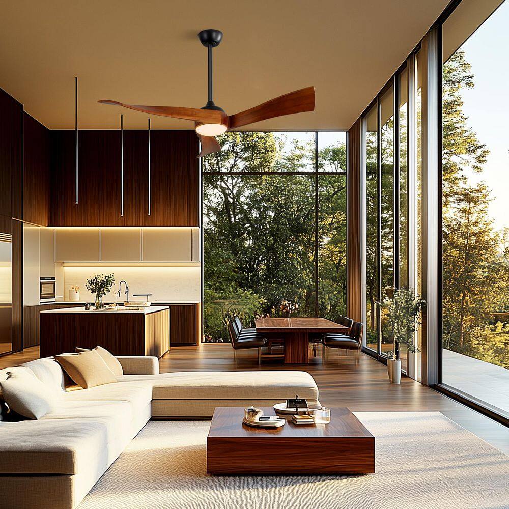 Sofucor 52 in. Integrated Dimmable LED Indoor/Outdoor Black Ceiling Fan with Light Kit and Remote Control KBS0852K012BK