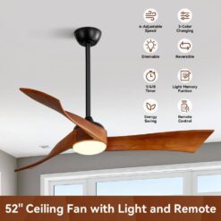 Sofucor 52 in. Integrated Dimmable LED Indoor/Outdoor Black Ceiling Fan with Light Kit and Remote Control KBS0852K012BK