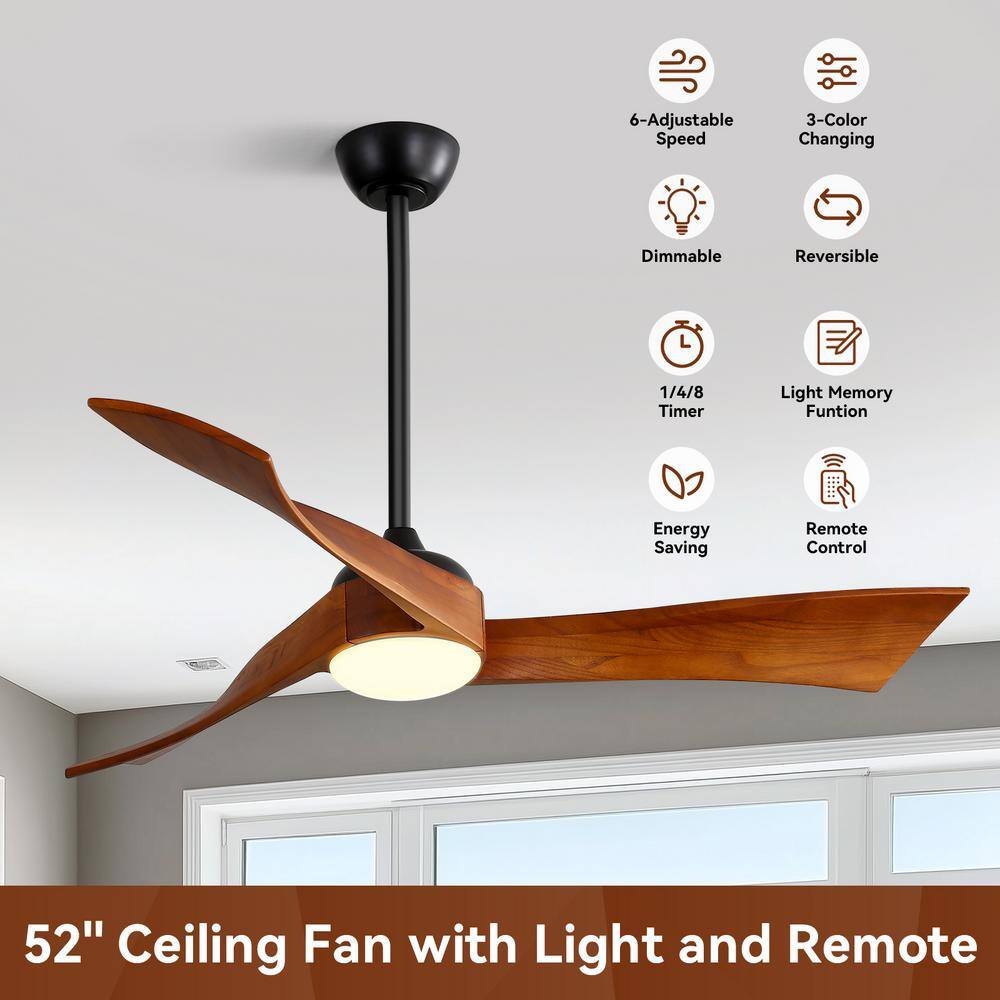 Sofucor 52 in. Integrated Dimmable LED Indoor/Outdoor Black Ceiling Fan with Light Kit and Remote Control KBS0852K012BK