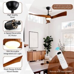 Sofucor 52 in. Integrated Dimmable LED Indoor/Outdoor Black Ceiling Fan with Light Kit and Remote Control KBS0852K012BK
