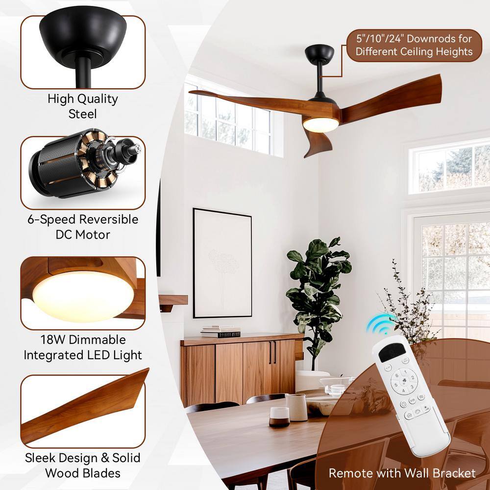 Sofucor 52 in. Integrated Dimmable LED Indoor/Outdoor Black Ceiling Fan with Light Kit and Remote Control KBS0852K012BK