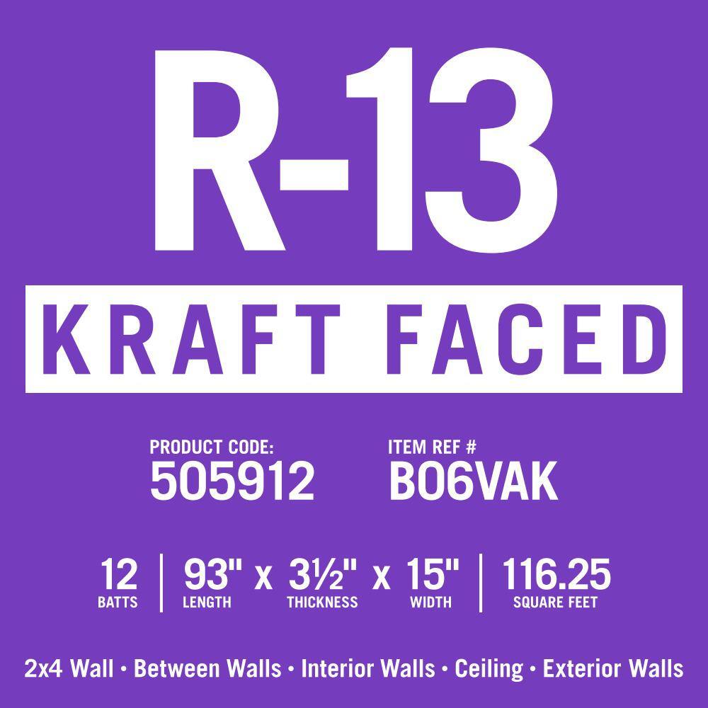 Knauf Insulation R-13 EcoBatt Kraft Faced Fiberglass Insulation Batt 15 in. x 93 in. x 3-1/2 in. 505912/817235