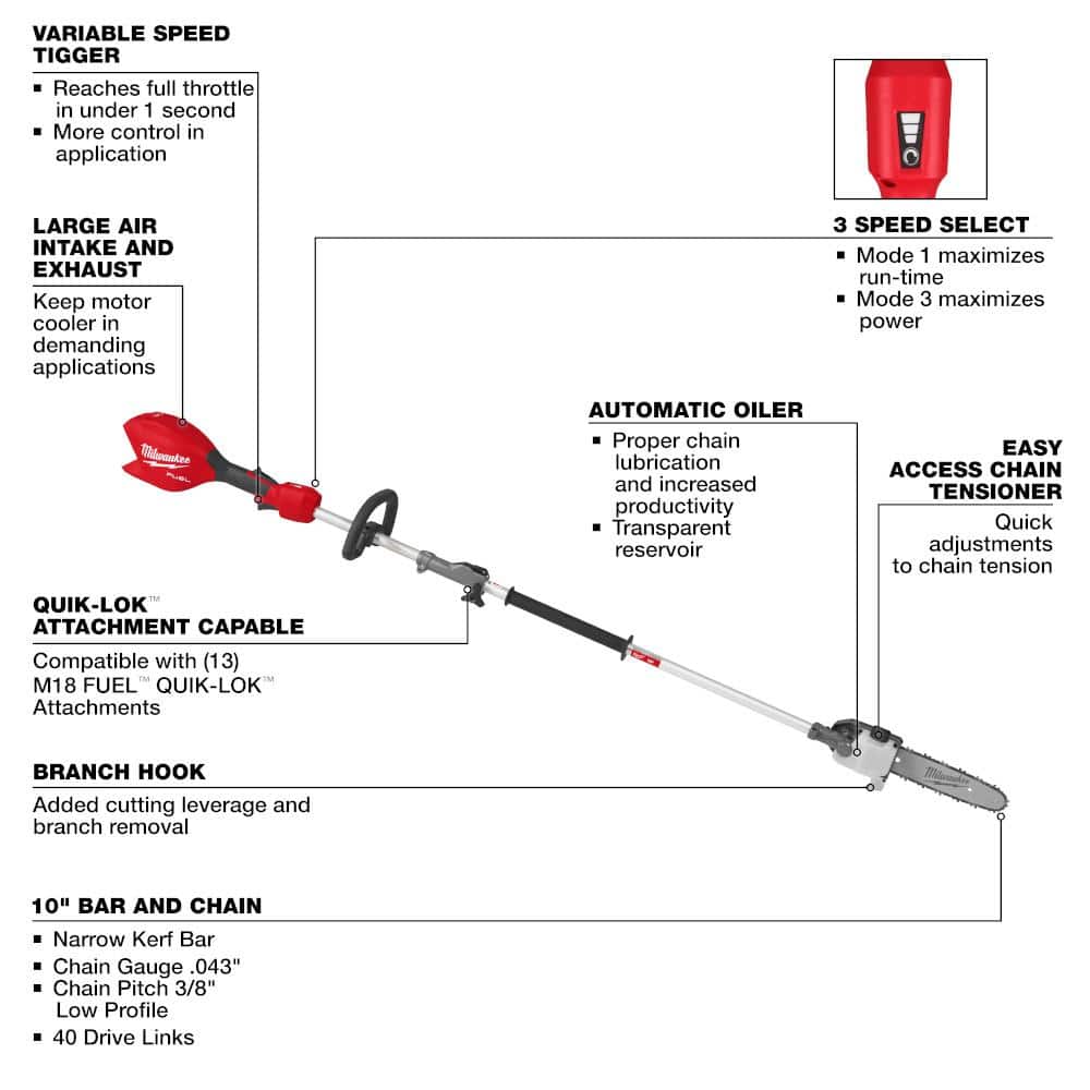 Milwaukee M18 FUEL 18V 10 in. Brushless Cordless Battery Powered Pole Saw with QUIK-LOK Attachment Capability (Tool-Only) 3016-20PS
