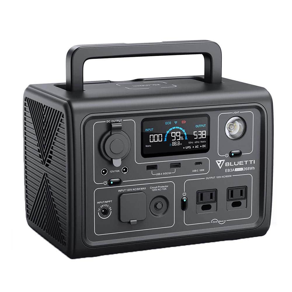 BLUETTI 600W Continuous/1200W Push Button Start LiFePO4 Battery Solar Generator Peak Output Power Station EB3A Gray for Outdoors EB3AGR