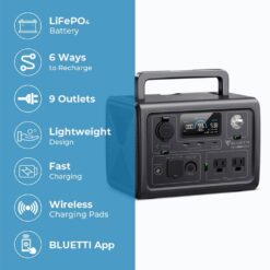 BLUETTI 600W Continuous/1200W Push Button Start LiFePO4 Battery Solar Generator Peak Output Power Station EB3A Gray for Outdoors EB3AGR