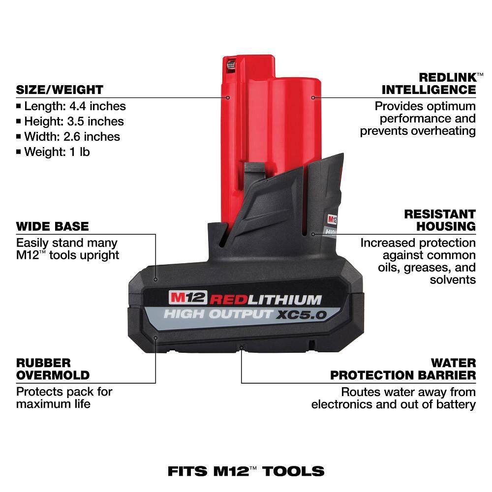 Milwaukee M12 12-Volt Lithium-Ion XC Extended Capacity 3.0 Ah Battery Pack (2-Pack) and M12 XC High Output 5.0 Ah Battery Pack 48-11-2412-48-11-2450