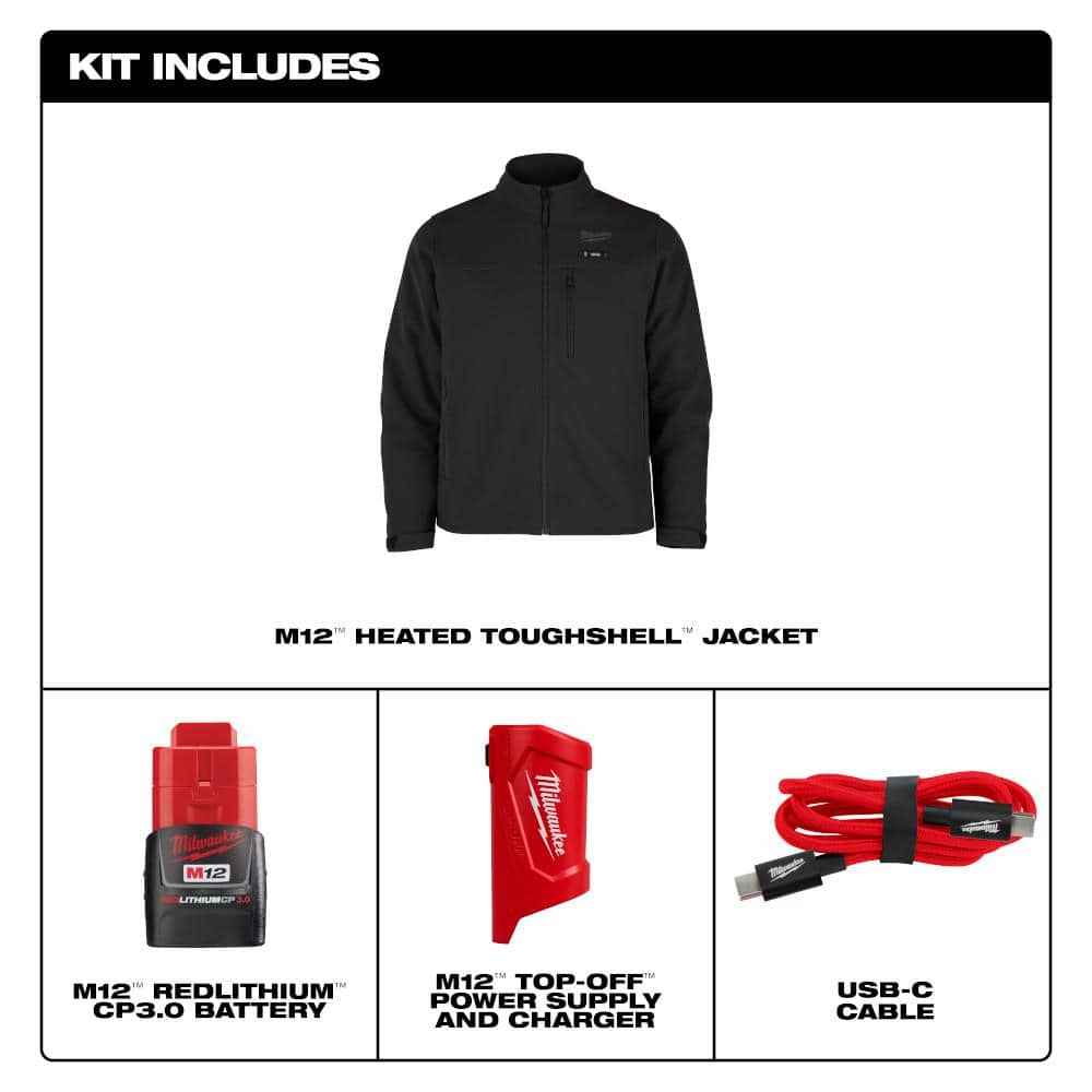 Milwaukee Men's Large M12 12-Volt Lithium-Ion Cordless Tough Shell Black Heated Jacket with (1) 3.0 Ah Battery and Charger M100B-21L