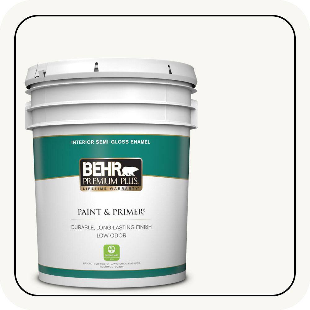 BEHR PREMIUM PLUS 5 gal. Ultra Pure White Semi-Gloss Enamel Low Odor Interior Paint & Primer 305005