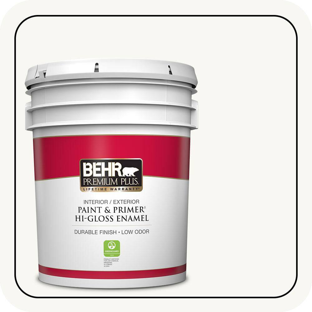 BEHR PREMIUM PLUS 5 gal. Ultra Pure White Hi-Gloss Enamel Interior/Exterior Paint and Primer 815005