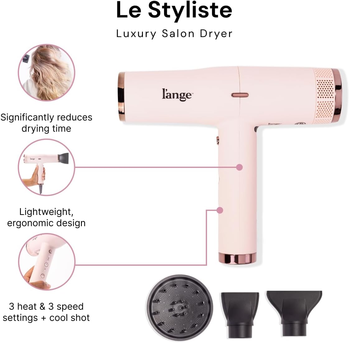 L'ANGE HAIR Le Styliste Luxury Hair Dryer, Quiet Brushless Blow Dryer with Diffuser, 1875 Watts for 4X Faster Drying
