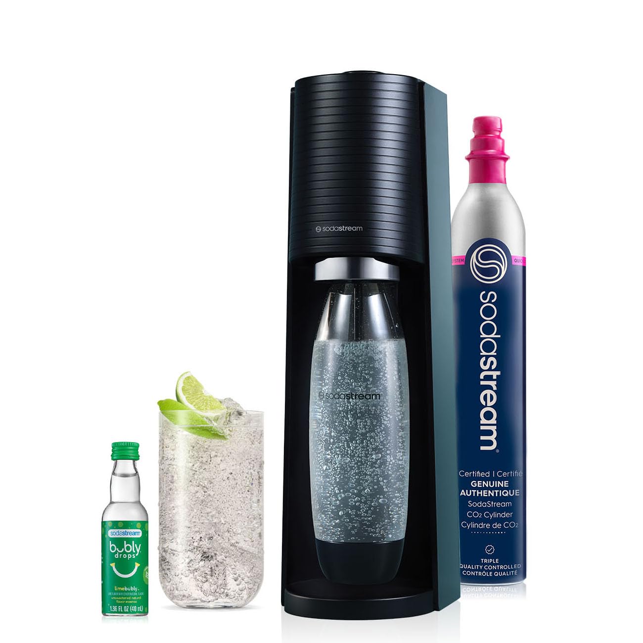 SodaStream Terra Soda Streaming Machine - Sparkling Water Maker with CO2 & Bubly Drop - Eco-Friendly, No Batteries Needed - Black