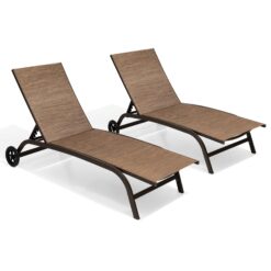 Crestlive Products Outdoor Chaise Lounge Chairs with Wheels Set of 2, Pool Lounge Chairs with 5 Adjustable Position, Brown