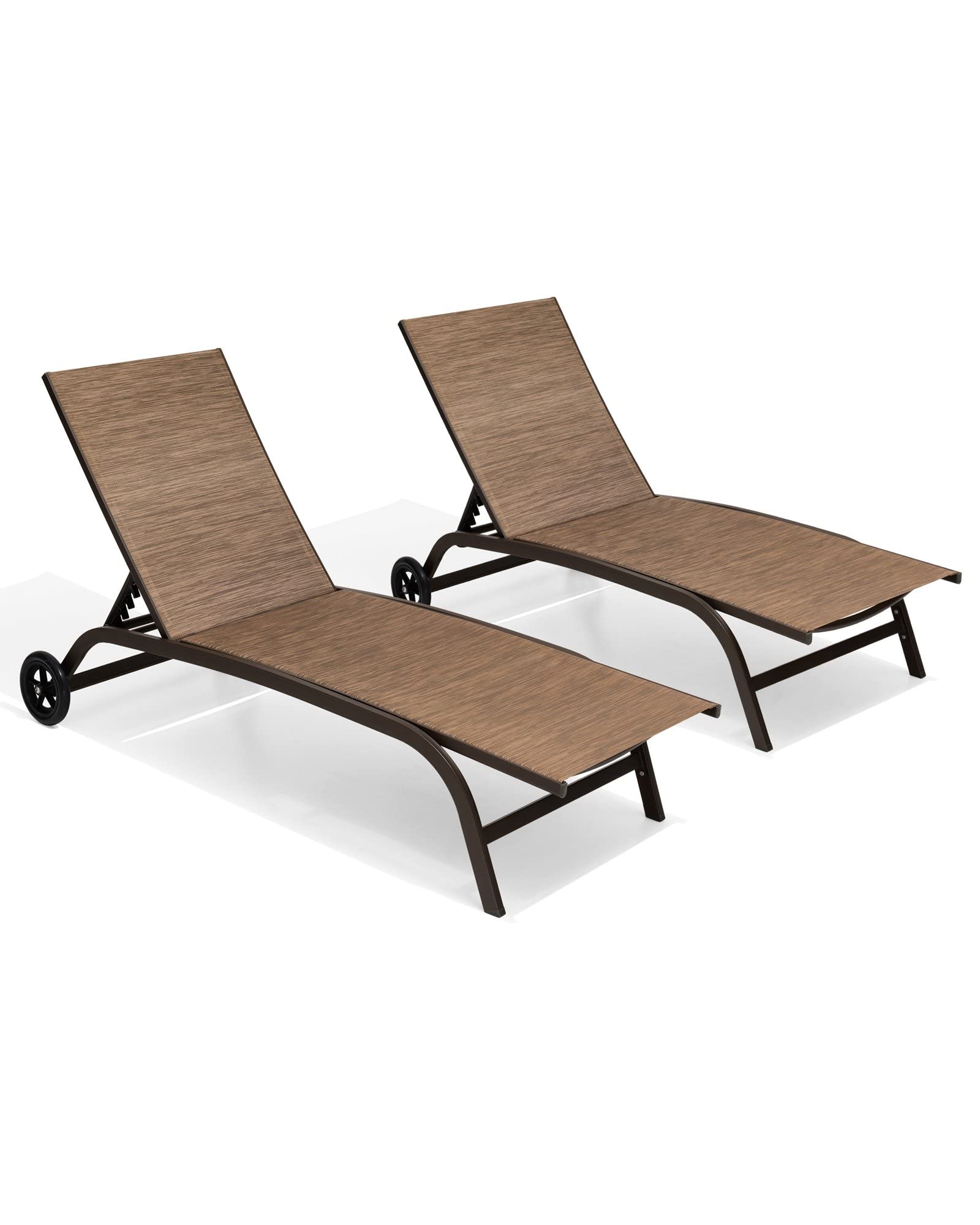 Crestlive Products Outdoor Chaise Lounge Chairs with Wheels Set of 2, Pool Lounge Chairs with 5 Adjustable Position, Brown