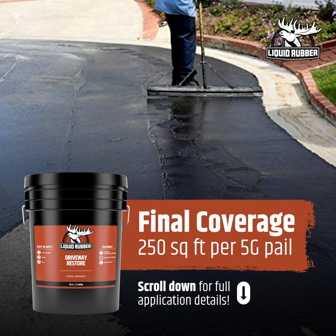 Liquid Rubber Driveway Restore - Highly Flexible Asphalt Coating Fills Cracks and Revitalize, Easy to Use and Apply, 5 Gallon